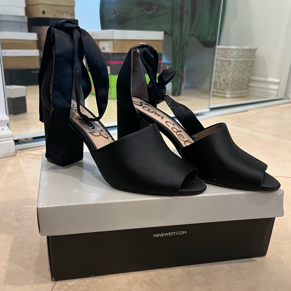 Black Satin Ballerina Tie Up Chunky Heels